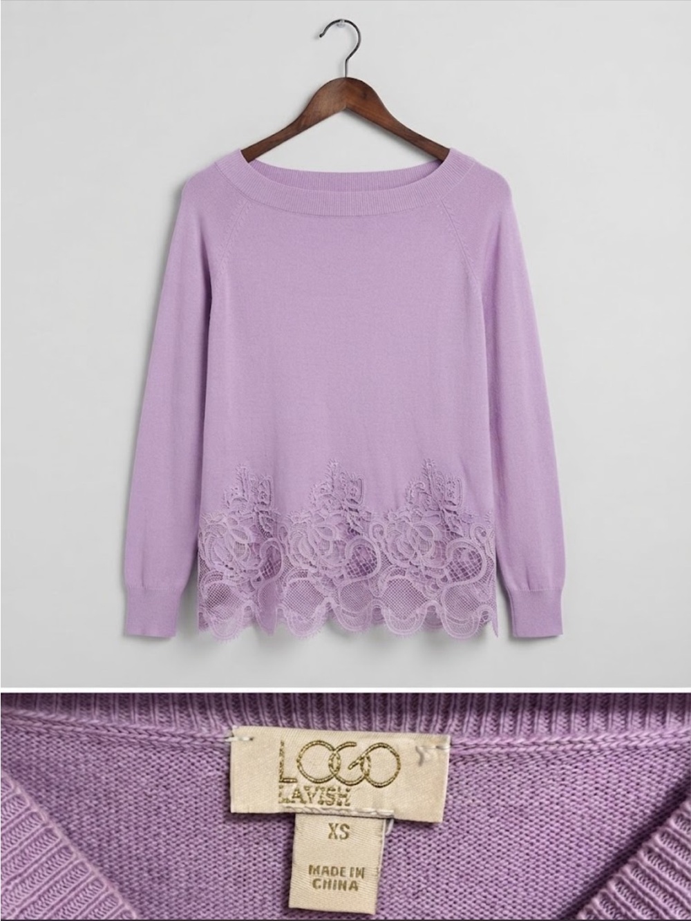 Lavish Lavender Lace-Hem Scoop Neck Sweater